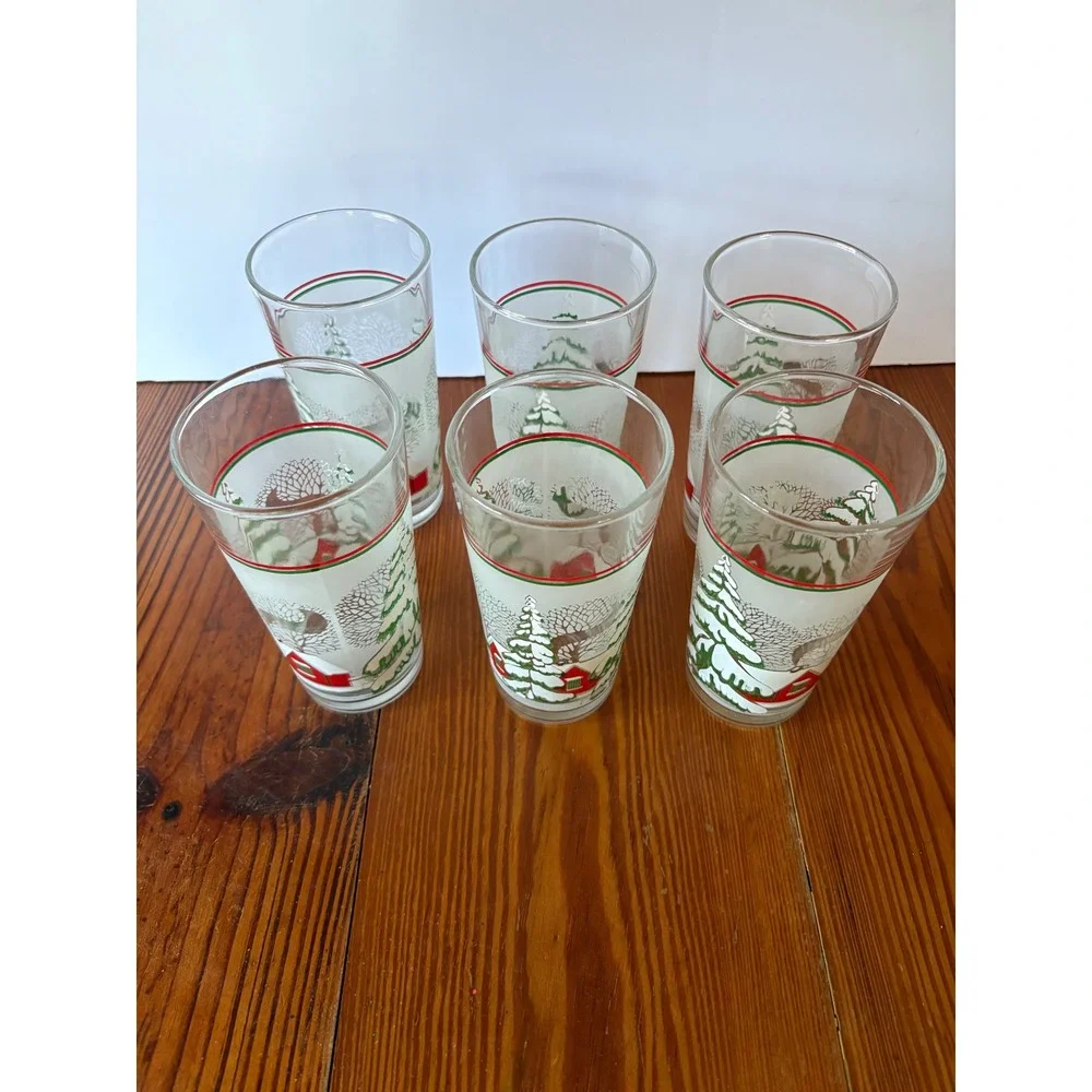Set of 6 Vintage KIG Indonesia Christmas Tumblers‎ Glasses Frosted Winter Scene